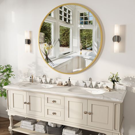 Miroir Rond 75cm Mural Cadre Doré - Miroir de maquillage HD, Aluminium Verre Incassable Antidéflagrant - Moderne pour Salle de Bain (1/5)