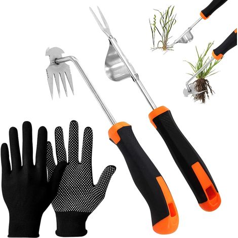 Kit 3 Pièces Desherbeur Manuel Acier Inoxydable, Outil de Désherbage Manuel, Râteau de Désherbage 4 Dents, Arrache Mauvaise Herbe pour Creuser Désherber Ameublir