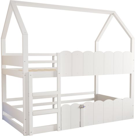 Lit superposé enfant maison 90 x 200 cm blanc avec échelle et barrières de sécurité (1/5)