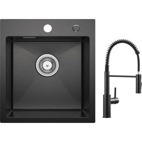 Cecipa Lavello Cucina 1 Vasca 40×45 cm antracite Lavello Cucina Acciaio Inox 304 Montaggio Ad Incasso + Miscelatore Cucina Spring con Doccetta Estraibile, Rubinetto Lavello 2 Modalità Uscita Acqua, Ne