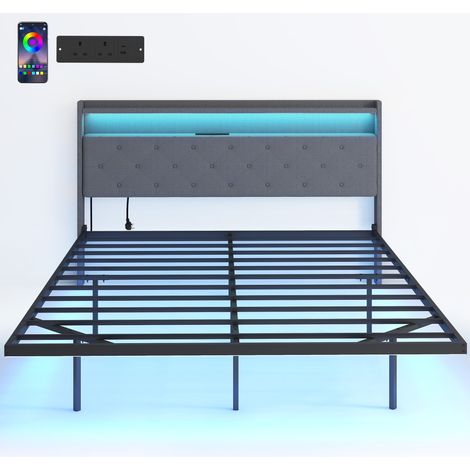 Cadre lit 160x200 cm sommier acier, lit flottant LED RGB station charge, gris, design moderne. (1/5)