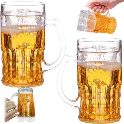 Stück Attrappen von Biergläsern, 450 ml doppelwandiger, lustiger Bierkrug, Attrappe eines Doppelbierkrugs aus PS-Kunststoff mit Henkeln, Bierkrug im Mezzanine-Stil für Bargetränke, Füllung
