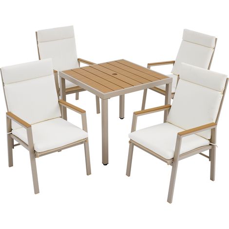 Ensemble repas de jardin, meubles de jardin, convient pour 4 personnes, composé de 1 table et 4 chaises, fer galvanisé, plateau de table en bois plastique, kaki + beige (1/5)