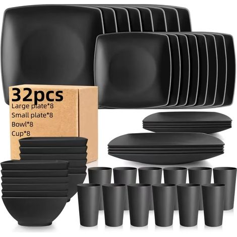 (Ensemble de 32 pièces) Service de couverts comprenant assiette à steak carrée, bol à salade et tasses carrées. (1/5)
