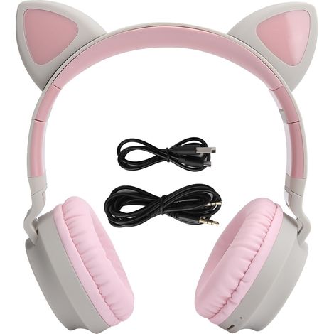 Casque Bluetooth 5.0 sans fil pliable avec oreilles de chat lumineuses 3D LED et micro - Gris Rose (1/5)