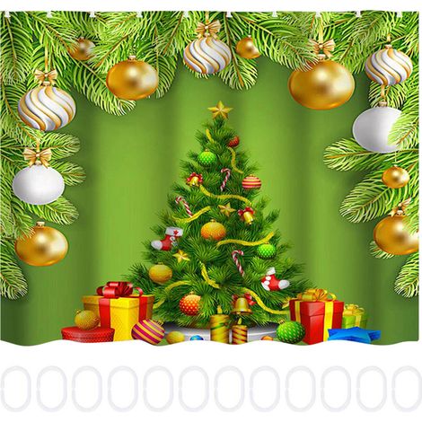 Cortina de ducha impermeable de 150x180 cm con estampado de árbol de Navidad, incluye 12 ganchos, fabricada en poliéster, decoración para el baño. (1/5)