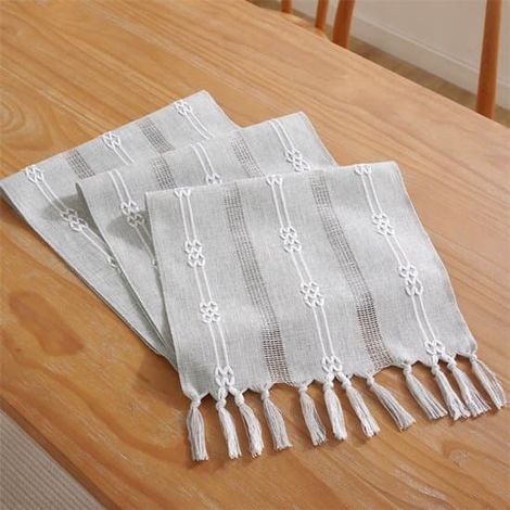 Chemin de table bohème, couleur crème, style champêtre, à pompons, lavable, décoration de mariage, petit jacquard double gris clair, 33 x 122 cm (1/5)