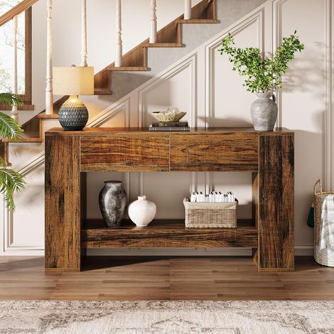 Tribesigns – Table console étroite 140cm – 2 tiroirs – MDF renforcé 140x30x84,5cm – Charge 100kg – Design rustique pour salon et couloir (1/5)