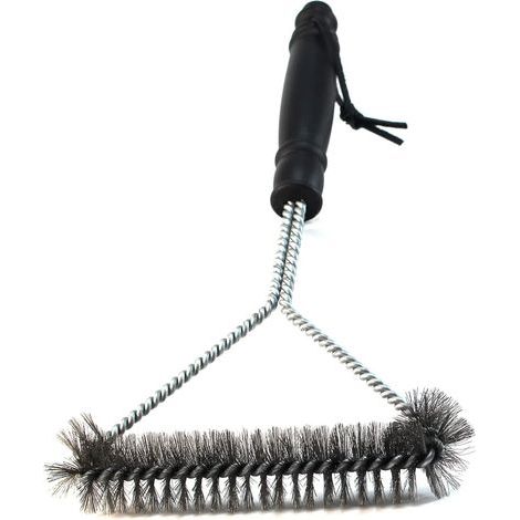 Brosse à barbecue - Brosse à barbecue multifonction courte à trois côtés de 30 cm avec manche ergonomique antidérapant, poils en acier inoxydable, convient à tous types de barbecues, noire (1/4)