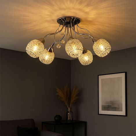Globo – Plafonnier LED cristal 5 ampoules – Cristaux acryliques et métal chrome – Dimensions 54x22 cm – Douilles E14 – Design moderne pour salon (1/5)