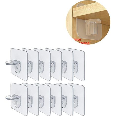Lot de 12 supports d'étagère sans perçage - Clips auto-adhésifs pour étagères, placards, séparateurs de cuisine, usage intensif - AquaForge (1/5)
