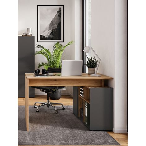 Bureau d'angle moderne avec rangement graphite/chêne Azaro