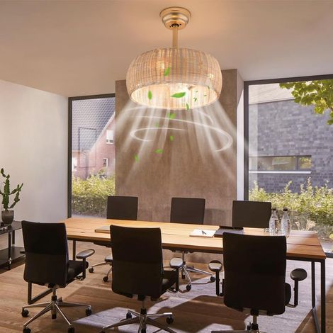 Deckenventilator mit Licht, Rattan Caged Flush Mount Deckenventilatoren mit Lichtern und Fernbedienung, Bambus Profil Deckenventilator für Schlafzimmer, Wohnzimmer (1/5)