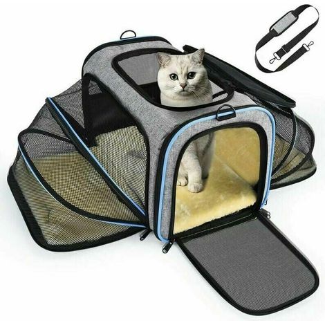 Expandable carrier bag for cats and dogs, with a sturdy structure, breathable mesh, and spacious interior. Convenient for travel by train, car, plane, and restaurants. Approved for transport. (1/4)