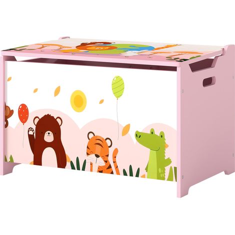 AIYAPLAY Baule per Giocattoli con Cerniere di Sicurezza in Legno per Bimbi Rosa