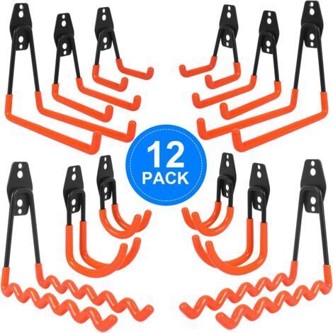 12Pcs Crochet Rangement Garage, Crochet Garage Avec Revêtement Anti-Dérapant, Crochets Muraux Garage Incluant Crochet Vague, Crochet J, Crochet Carré, Pour Outils Êlectriques, Vélos, Êchelle (1/5)