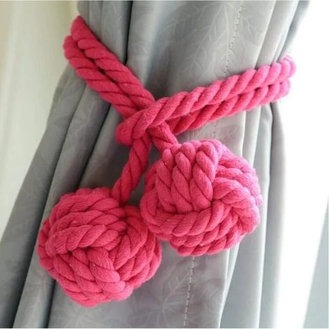 Embrasses à Rideaux - Artisanat - Pompon Tricot - Corde en Coton - Rose - 116cm Longueur (1/4)