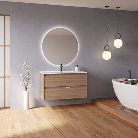 Mueble de baño suspendido 100 cm nogal arenado con lavabo - Bristol - Nogal 100 cm Con espejo y lámpara LED - Accessorio: Con specchio e lampada LED - Misura: 100 cm - Colore: Noce