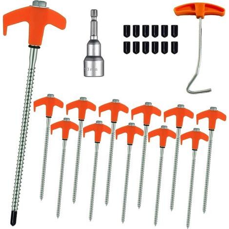 12Pcs 20cm Sardines de Fixation Visser avec Filetage,Piquet de Tente Camping Acier,Piquets Tente Ancrage Robuste,Accessoires Piquets Auvent Antirouille pour Extérieur,Jardin, Sol Dur,Herbe,Trampolines (1/4)