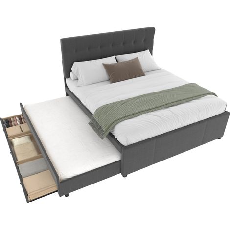 Lit double 140x200 cm avec lit gigogne, 3 tiroirs, tête de lit réglable, structure bois et tissu gris, sans matelas, pour chambre adulte et invités CHICFURN (1/5)
