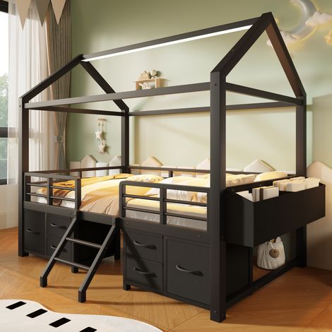Lit mezzanine - 90x200 cm - tiroirs de rangement - éclairage led - structure métal - lit enfant - solution gain de place - noir (1/5)