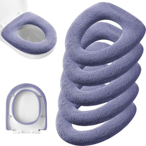 Lot de 5 housses de siège de toilette épaisses pour salle de bain - Tissu en fibre extensible et lavable - Installation facile et confortable - Violet (1/5)