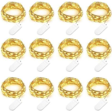 Lot de 12 Guirlande Lumineuse à Piles (Inclus) 2M 20 LED Guirlande en Fil Cuivre Blanc Chaud pour la Décoration de Noël, Mariage,Soirées, Costume (Livré avec 6 Piles de Rechange)