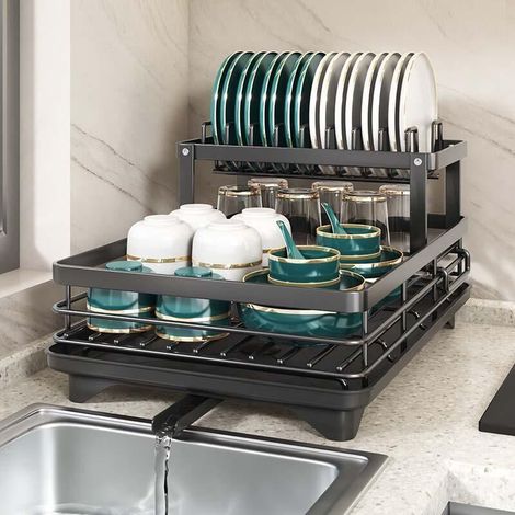 Égouttoir à Vaisselle Cuisine en Acier Carbone Épais – Résistant 30kg, Antirouille, Égouttage 360°