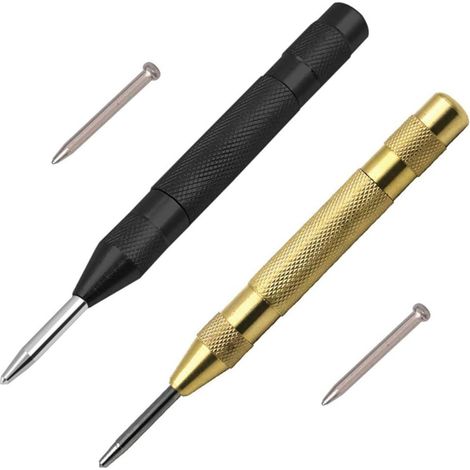Poinçon automatique en acier inoxydable de 13 cm, course réglable, marqueur de centre, pour bois, métal, plastique, comprend 2 embouts de rechange. (1/5)