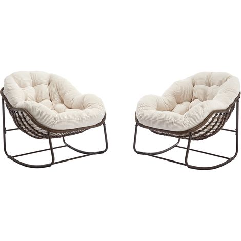 Fauteuil à bascule d'extérieur en rotin synthétique blanc avec coussin rembourré, cadre en acier, 78x106x90 cm (1/5)
