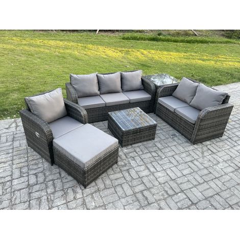 Fimous Rattan-Gartenmöbel 6 Stück Terrassenset mit Tisch und Sofa Quadratischer Couchtisch Liegestühle Loveseat sofa 2 Großer Hockern Beistelltisch (1/5)