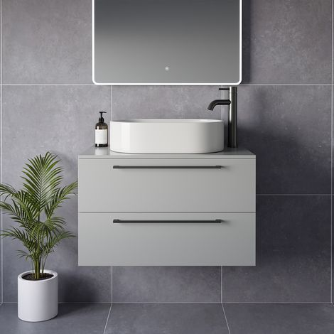 Napoli 460 Gloss Grey Pearl 800mm Wall Mounted 2 Drawer Vanity Unit for Countertop Basins - 800mm - Gunmetal Grey 480mm Handle