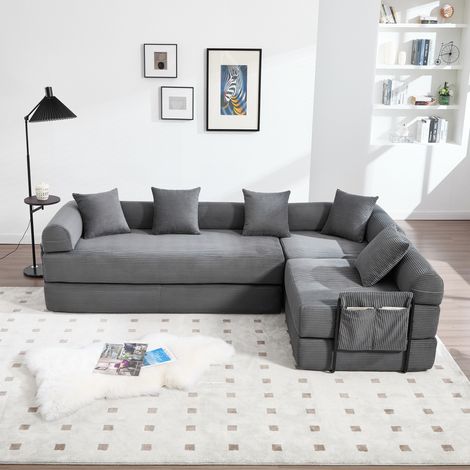 Modulares Ecksofa 270x180x64 cm dunkelgrau aus Cord mit Schlaffunktion und Seitentasche (1/5)