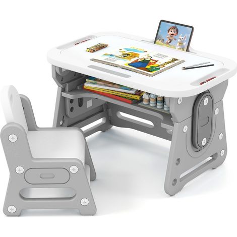 Conjunto de mesa y silla infantil regulable 80 x 50 x 49/53/57 cm con diseño ergonómico ambiente acogedor en HDPE gris 200012019