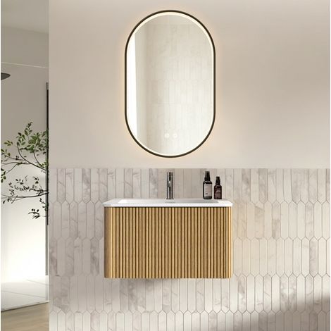 Mueble de baño con lavabo y espejo 80 cm, mural, LED, color roble HAVRYA (1/5)