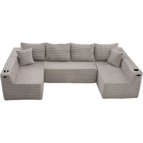 CHICFURN Divano modulare a U 320x155x88 cm in tessuto a coste grigio chiaro con portabicchieri (1/5)