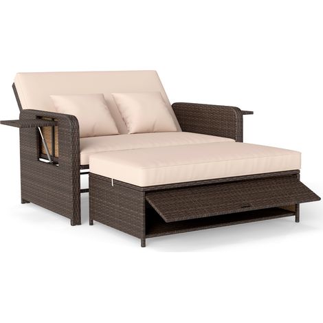 Canapé à 2 Places en Rotin avec Ottoman de Rangement et Coussins, Charge 360KG, Plateau Latéral Rétractable, Dossier Réglable 4 Positions, Jaune (1/5)