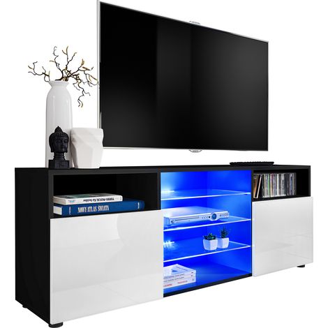 Extreme Furniture, Vitrines Murales T38, (LxHxP): 140 x 53 x 35, Carcasse en Noir Mat, Façades en Blanc Brillant, LED Multicolores avec télécommande (1/3)
