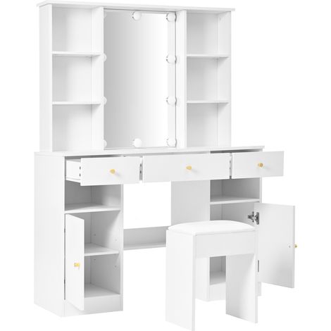 Weißer Schminktisch mit Spiegel, verstellbarem LED-Licht, Hocker, 3 Schubladen und 2 Türen (1/5)
