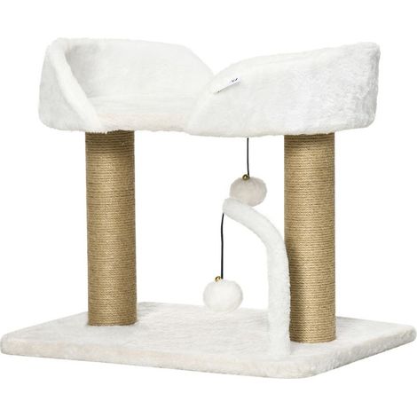 Arbre à chat grattoir design avec jeu 2 pompons suspendus 2 poteaux sisal plateforme peluche sisal 48 x 38 x 42 cm beige (1/5)