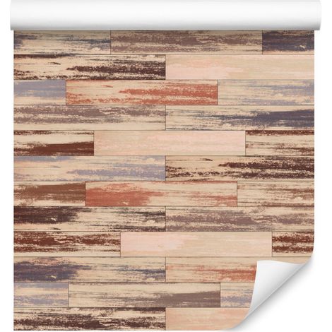 Papel pintado con coloridos tablones de madera de estilo retro para salón y dormitorio, 50x1000 mm. (1/5)