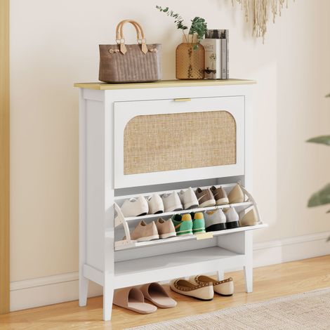 Meuble à chaussures 14 paires bohème avec 2 tiroirs rabattables, portes effet cannage rotin, blanc, 80 x 24 x 95,5 centimètres
