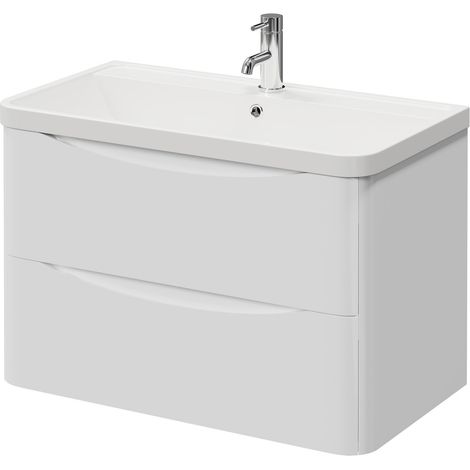 Vela Gloss White 800mm Wall Mounted 2 Drawer Vanity Unit with Leni Basin