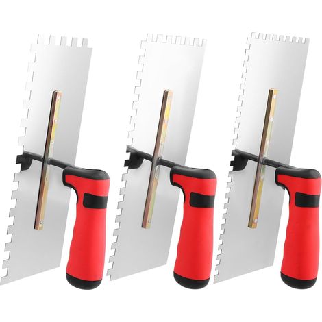 3 Pièces - Truelle Dentée - Lisseuse Inox - Enduit Carrelage Maçonnerie Poignée Souple Rouge 280x107 mm