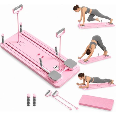 Planche Pilates Reformer – 5 en 1 avec roue abdos – rebondissement automatique et minuterie – pliable multifonction – maison salle de sport – rose (1/5)
