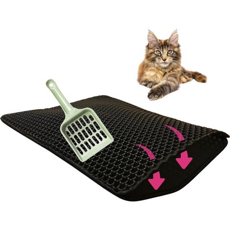 1 - Tapis Litière Chat - Pelle Inclus - Double Couche Nid D Abeille Antiderapant - Retient Grains Sol Imperméable Lavable - Pour Maison Avec Animaux - Gris - 60x40 cm