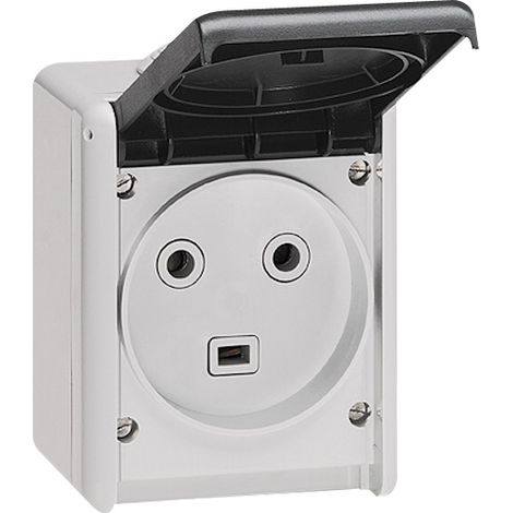 Legrand – Prise étanche 2P + T PLEXO saillie – Thermoplastique gris – Indice de protection IP55 – Fixation avec vis – Protection enfant
