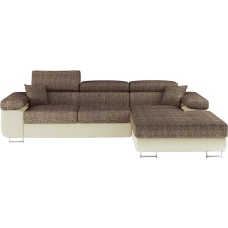 Divano angolare trasformabile AMANDA beige e crema - Tessuto effetto lino - Angolo destro (1/5)