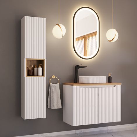 Ensemble meuble simple vasque 80cm 2 portes et colonne Riva Blanc et Bois (1/5)