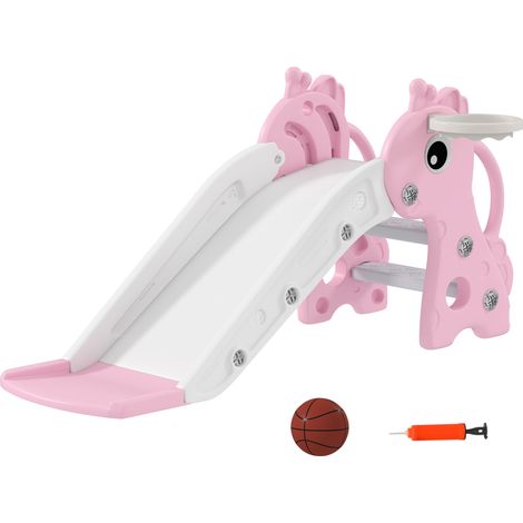 Toboggan enfant 3-en-1 girafe avec panier de basket, mur d’escalade et ballon, 106 x 51,5 x 52 cm, rose (1/5)